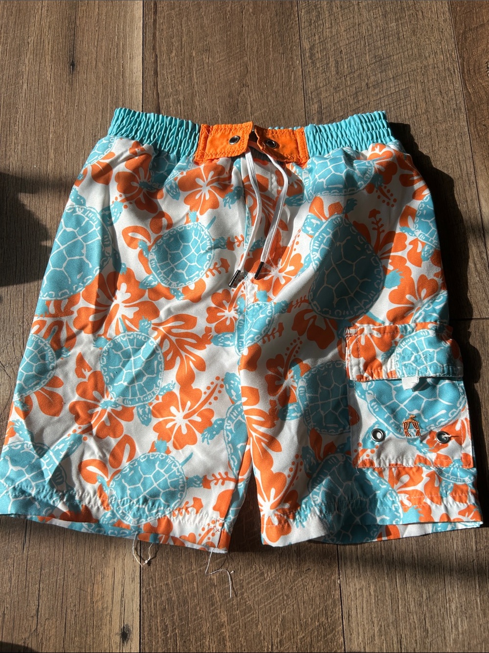 Cabana Life Boys Orange and Aqua Turtle Print Swim Trunks